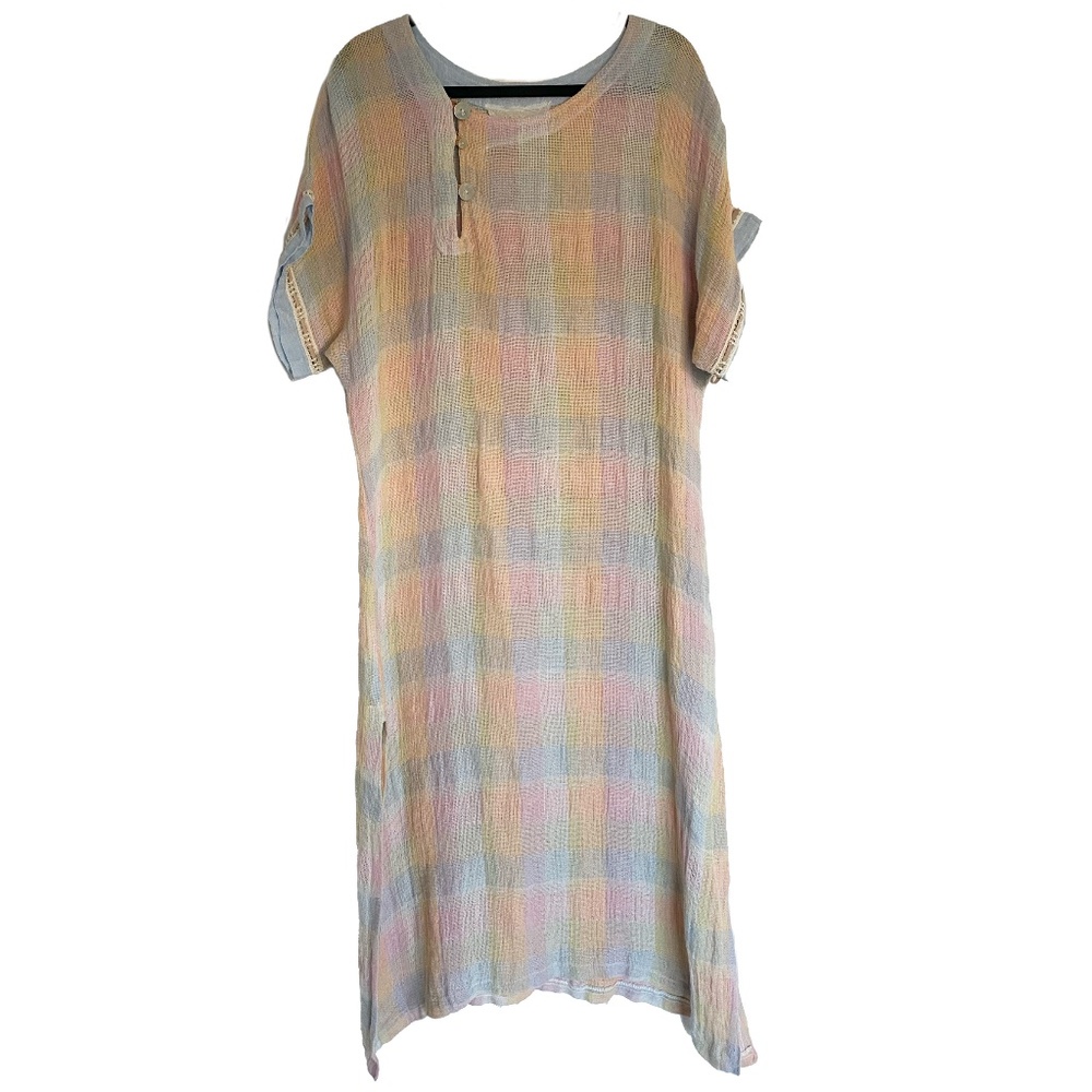 MARILU Italy Linen Woven Plaid Short Sleeve Maxi Dress, Small Pastel Multicolor